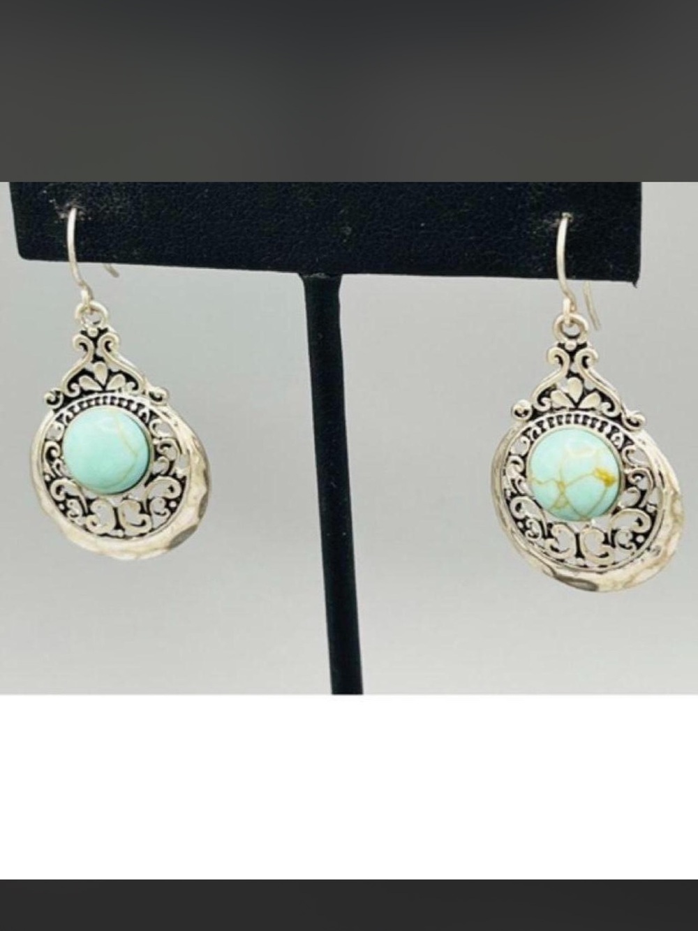 Silver Filigree Drop Earrings with Turquoise Stone